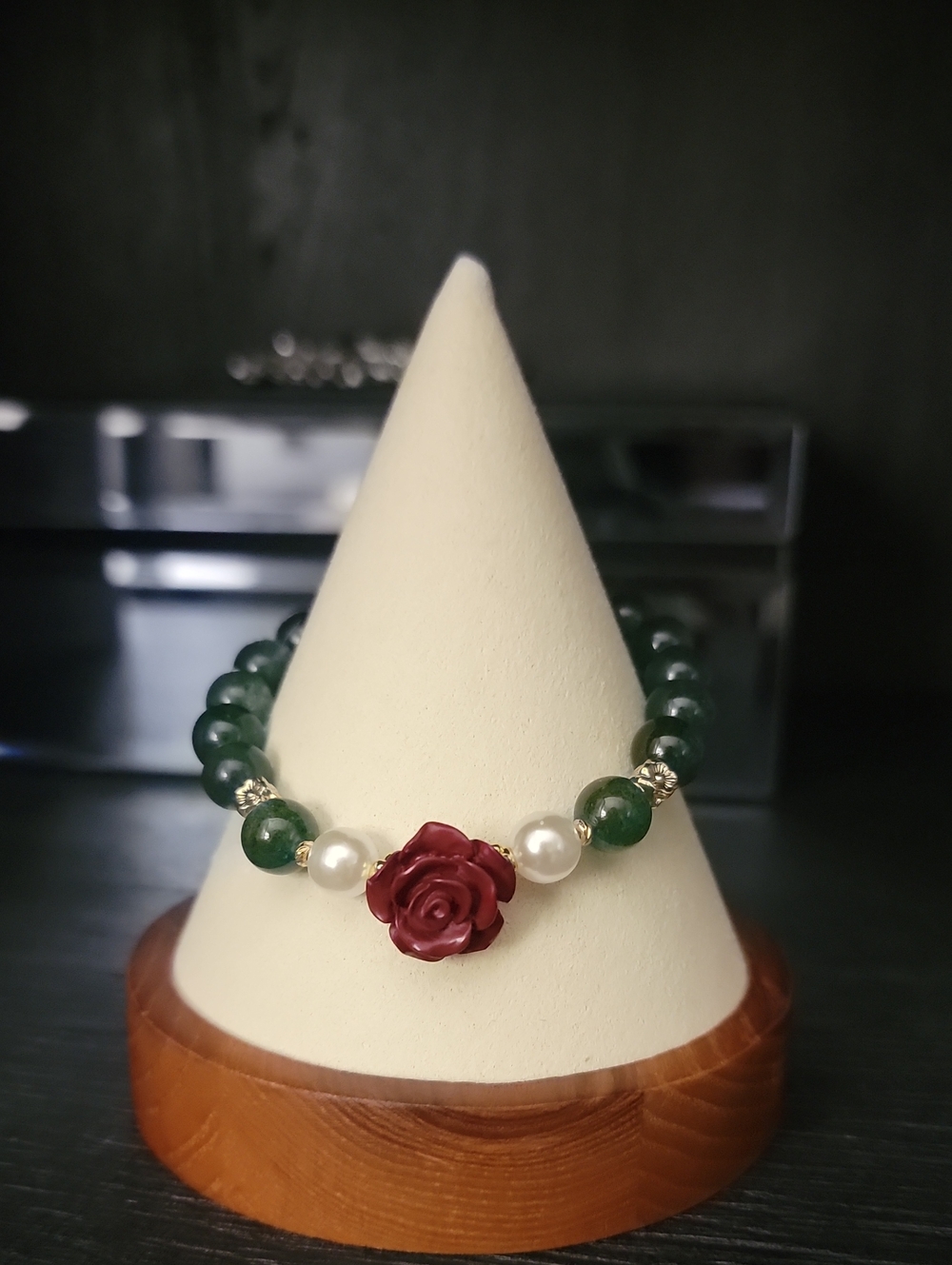 Green Aventurine Gemstone Stretch Bracelet with Rose Charm